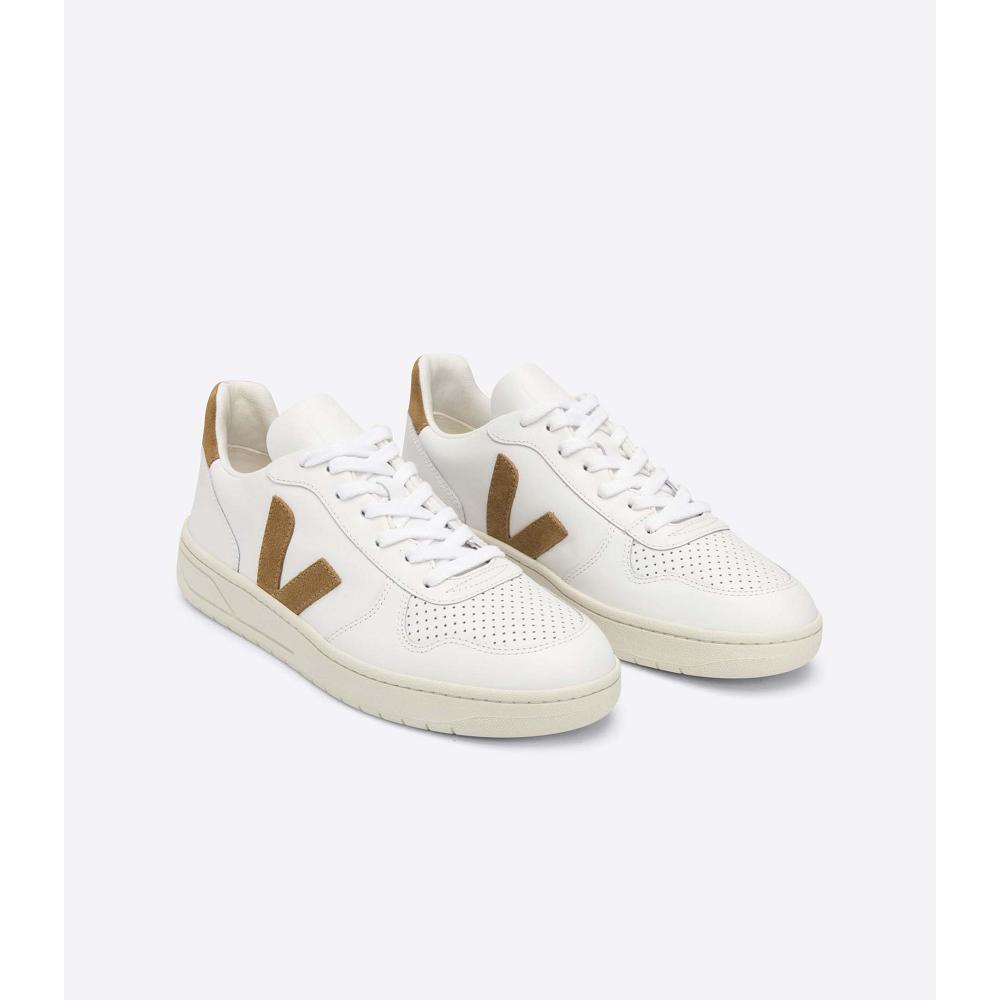 Women's Veja V-10 LEATHER Sneakers White/Brown | SG 640VRW